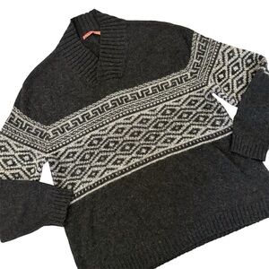 KUNA Men’s XL Baby Alpaca Shawl Neck Fair Isle Pullover Sweater Charcoal Grey